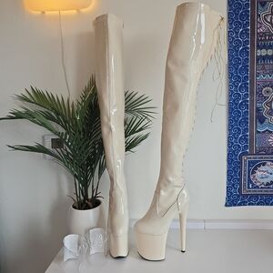 NWOB Hella Heels No Angel Corset Lace Thigh High Boot 8" Heel Protectors READ